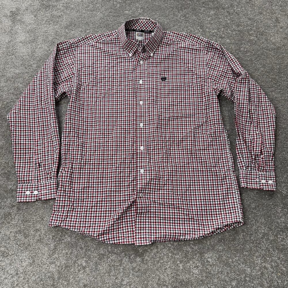 Cinch Men’s M Western Button-Up Shirt Red Black Gray Plaid Long Sleeve Cowboy